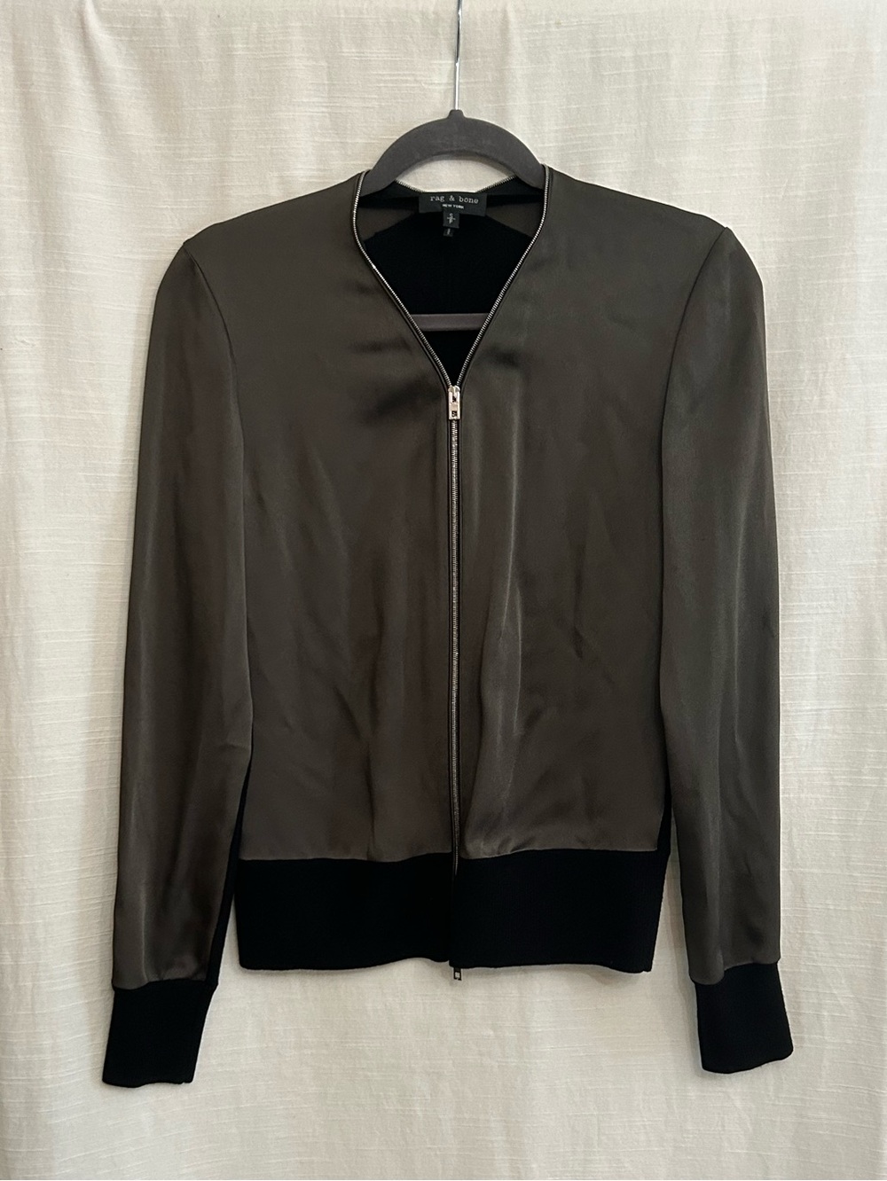rag‎ & bone Satin Olive Bomber Jacket with Black Rib Trim with Double Zip